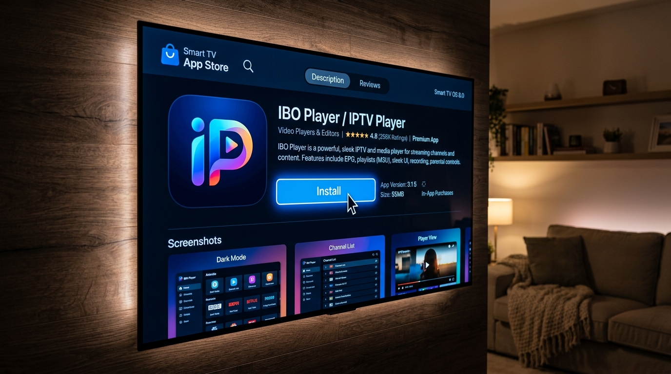 Smart TV interface displaying the official application store installing an IPTV media player