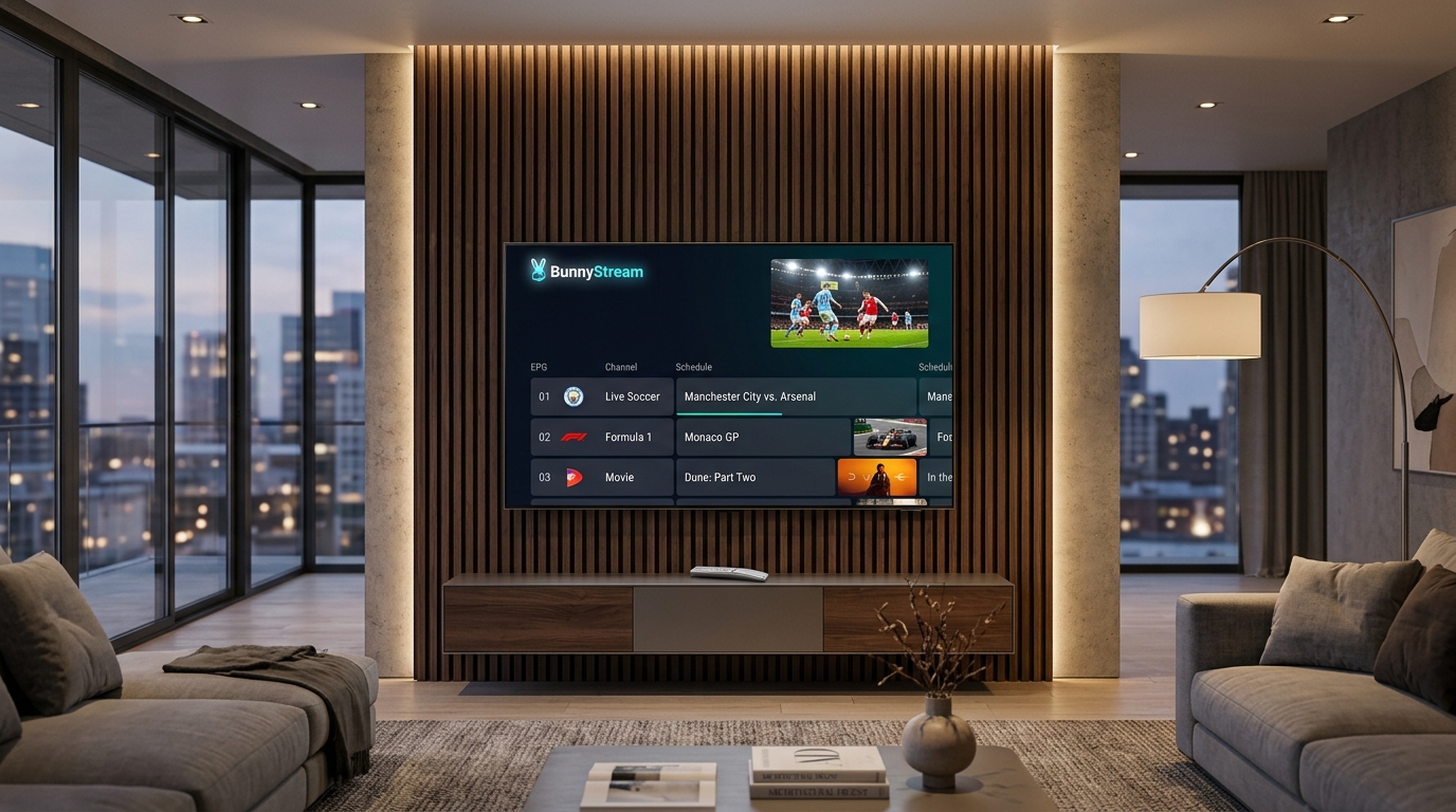 Samsung Smart TV mounted on an accent wall streaming live sports on an IPTV player