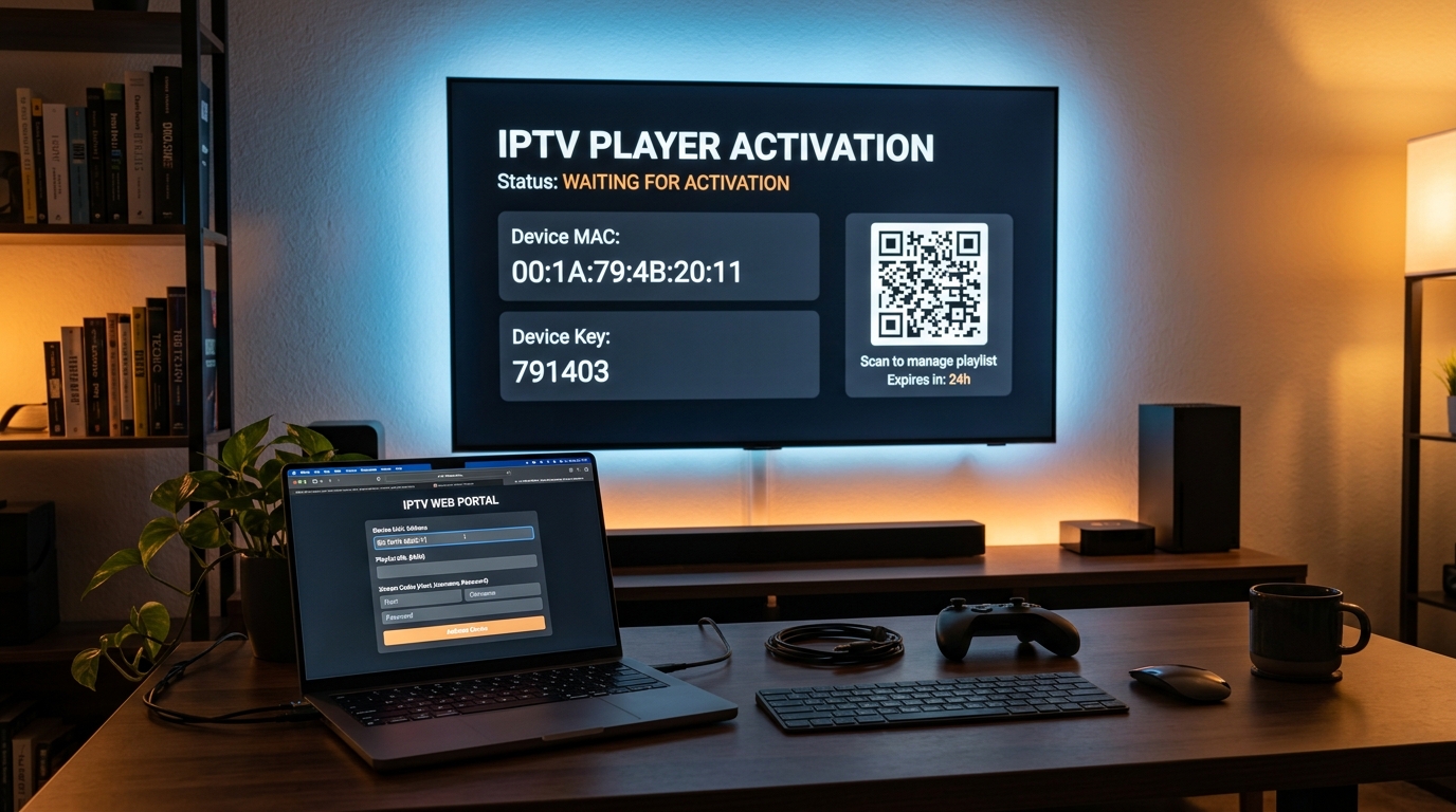 Smart TV screen displaying a MAC address alongside a laptop uploading an M3U playlist through an activation portal